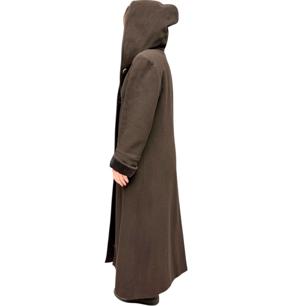Vintage Albert Nipon Dark Brown Hooded Wool Long Winter Coat Velvet Trim Size 10 - Picture 7 of 11
